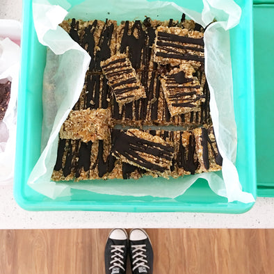 Quick, no-bake Apricot + Dark Choc slice