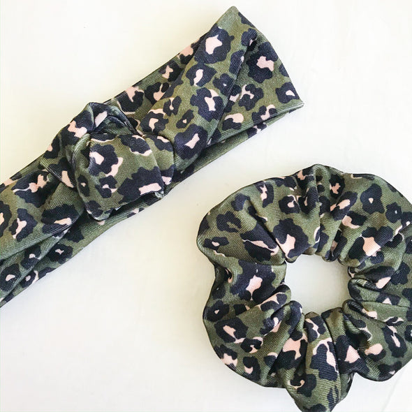 Leopard Velvet Scrunchie (Army Green)
